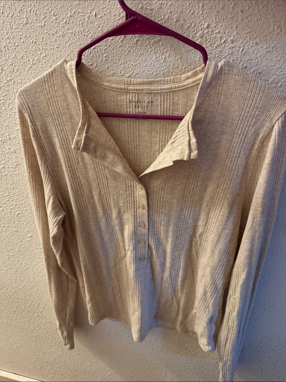 American Eagle Long Sleeve Henley T-Shirt - Oatmeal